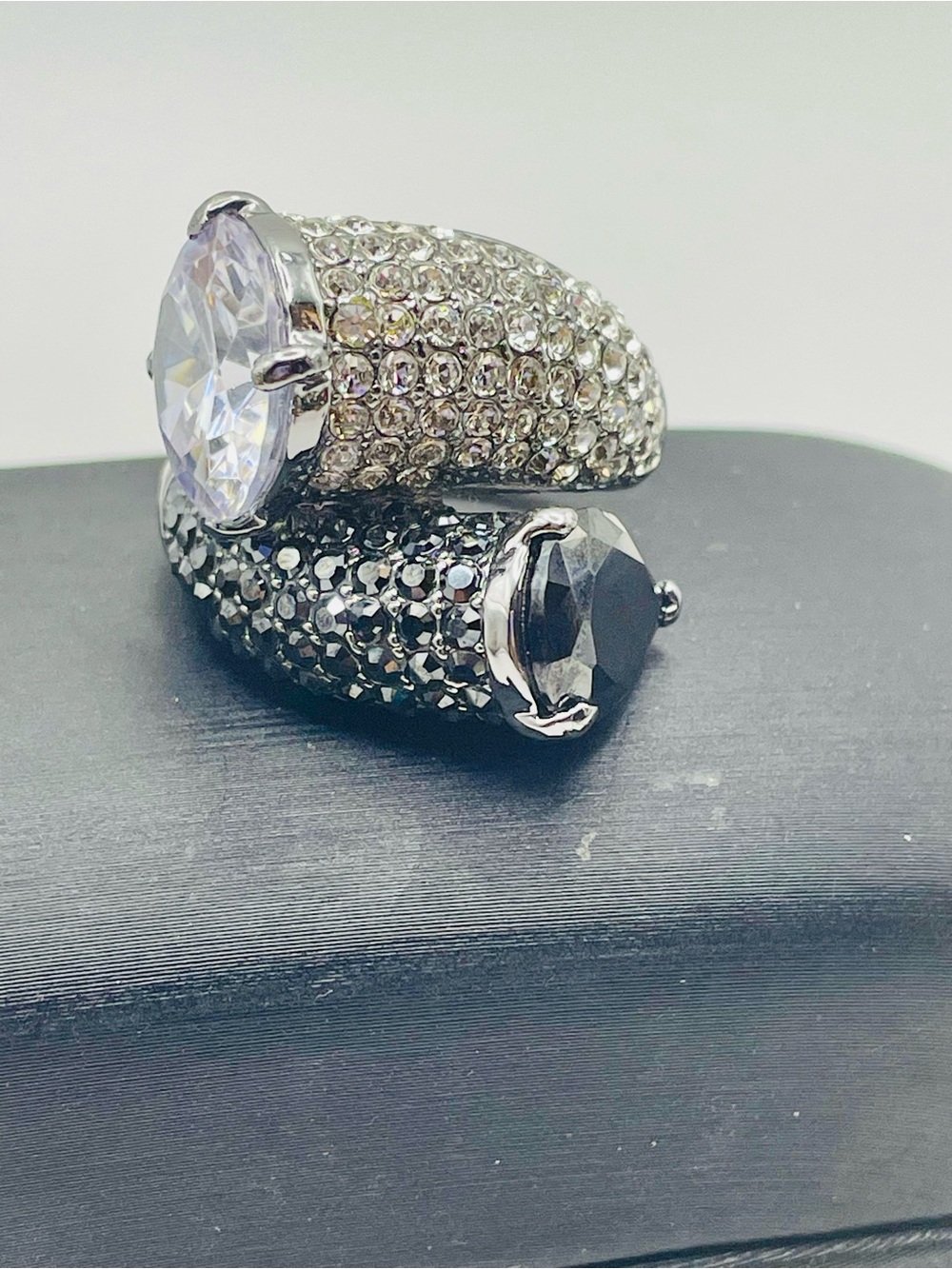 Stainless Steel Crystal Pavé Wrap Ring w/Large Clear and Black Stones. Size 10